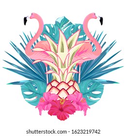Hawaii summer print with flamingo, hibiscus, pineapple and tropical leaves. Isolated vector illustration on white background. Watercolor style