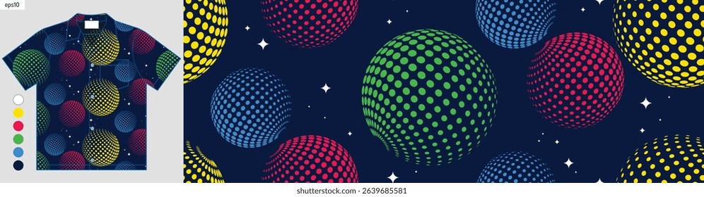 Hawaii summer seamless geometric pattern with circles and dots, aloha textile design for fashion fabric and printing, abstract vector art, ethnic shirt mockup, not created by AI.