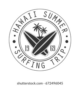 Hawaii summer, surfing trip since 1969 logo template, black and white vector Illustration