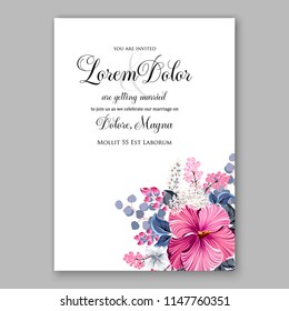 Hawaii summer tropical wedding invitation pink red magenta hibiscus white lilac floral illustration floral illustration