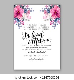 Hawaii summer tropical wedding invitation pink red magenta hibiscus white lilac floral illustration floral illustration