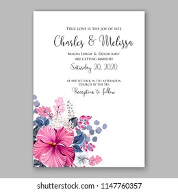 Hawaii summer tropical wedding invitation pink red magenta hibiscus white lilac floral illustration floral illustration