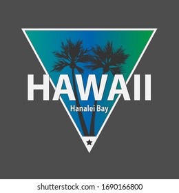 Hawaii summertime - vector illustration concept in vintage retro graphic style for t-shirt and other print production. Palms, sun. Triangle badge logo design. Vacation holiday label.