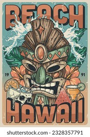 Hawaii sunny beach colorful flyer with tiki mascot and cocktails to decorate interior of pacific coast bar vector illustration