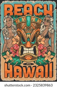 Hawaii sunny beach colorful sticker with bikini girls and ritual tiki mask for travel agency advertising vector illustration