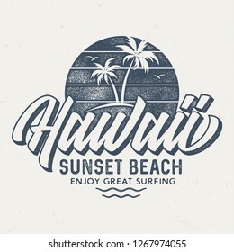 Hawaii Sunset Beach - Aged Tee Design For Printing