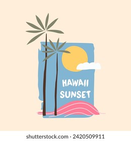 Hawaii Sunset minimalist vector illustration with palm trees and sun in retro aesthetic style.