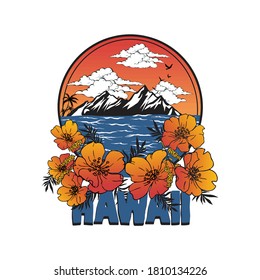 Hawaii sunset print with mountain sea and flowers.