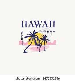 Hawaii Sunset. T-shirt and apparel vector design, print, typography, poster, emblem with palm trees.