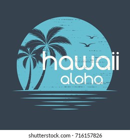 Hawaii Sunset. T-shirt and apparel vector design, print, typography, poster, emblem with palm trees.