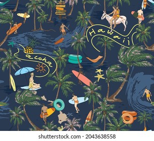 Hawaii Surf Beach Vector Seamless Pattern Art Wallpaper Background, Island Beach 