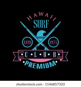 Hawaii surf club premium estd 1975 logo template, design element can be used for surf club, shop, t shirt print, emblem, badge, label, flyer, banner, poster vector Illustration