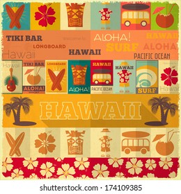 Hawaii Surf Retro Card in Vintage Design Style. Vector Illustration.