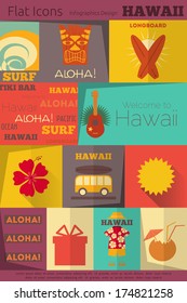 Hawaii Surf Retro Labels Collection in Flat Design Style. Mobile UI Style. Vector Illustration