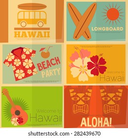 Hawaii Surf Retro Mini Posters Collection in Flat Design Style. Layered file. Vector Illustration.