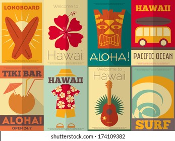 Hawaii Surf Retro Posters Collection in Flat Design Style. Vector Illustration.