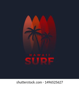 Hawaii Surf t-shirt and apparel design with palm tree and halftoned surfboards, vector illustration, typography, print, logo, poster.