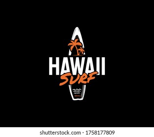 Hawaii Surf t-shirt and apparel design, Typography Surfing fashion print design with surfboard shape.