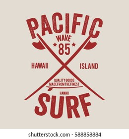 hawaii surf typography, t-shirt graphics , vectors.palm tree silhouette