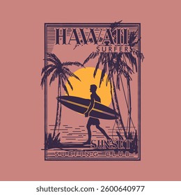 Hawaii Surfer sunset surfing club retro vintage summer beach sea poster