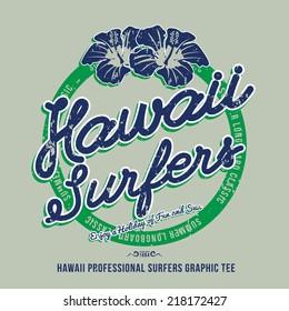 Hawaii surfers. t-shirt graphic. Vector illustration