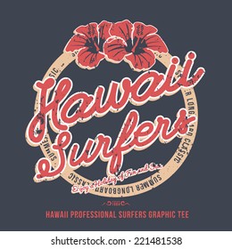 Hawaii surfers. t-shirt graphic. Vector illustration