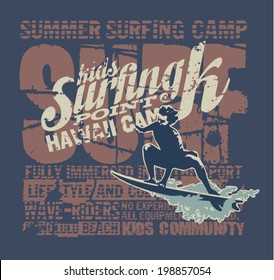Hawaii surfing camp - Vector grunge print for sports wear in custom colors 