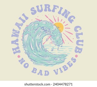 Hawaii surfing club. Long beach summer time print design artwork. Beach Paradise Print t shirt graphics design, typography slogan on palm trees background. Summer beach vibes. No bad vibes. Wave.