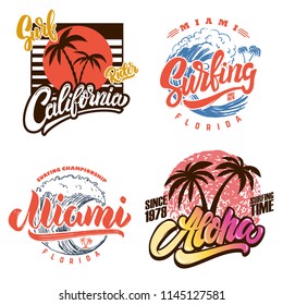 Hawaii surfing club. Miami. Poster templates with lettering and palms. Vector image