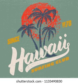 Hawaii surfing club. Poster template with lettering and palms. Vector image