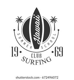 Hawaii surfing club summer school logo template, black and white vector Illustration