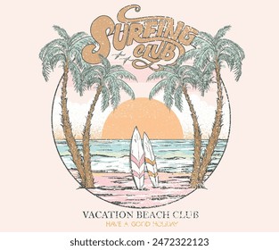 Hawaii surfing club vector design. Tropical island artwork. Summer slogan vector design. Beach club artwork.