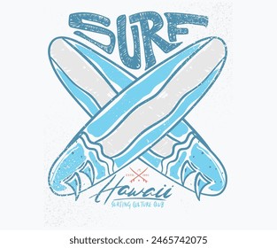 Hawaii surfing club vintage print design. Surf board artwork  for t shirt print, poster, sticker, background, men, women, kids and other uses. Surfing board hand sketch artwork. Summer vibes vector. 