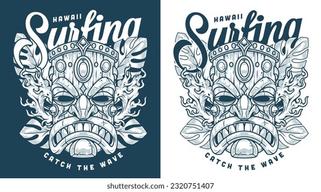 Hawaii surfing community flyer monochrome with tiki mask for inviting athletes to festival of extreme recreation vector illustration