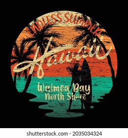 Hawaii surfing girl tropical summer graphic vintage vector print for woman girl  t shirt grunge effect in separate layer