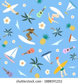 Surfistas hawaianas para niñas y niños con ukulele, veleros, piña, cocoteros, palmeras. Diseño de playa para diseño de superficie, papel de pared, envoltura de regalo, papel de envoltura, tema tropical, 