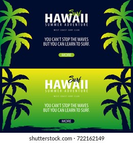 Hawaii Surfing graphic with palms. Surf club Vector banner