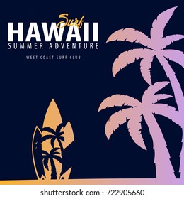 Hawaii Surfing graphic with palms. T-shirt design and print