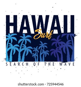 Hawaii Surfing graphic with palms. T-shirt design and print
