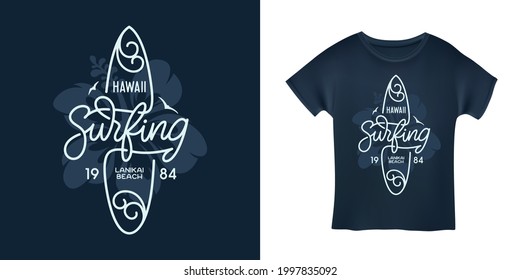 Hawaii surfing hand drawn hibiscus lettering t-shirt design. Lanikai beach text typography. Surfing related apparel design. Vector vintage illustration.