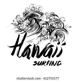 Hawaii Surfing Lettering brush ink sketch handdrawn serigraphy print