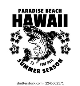 Hawaii surfing paradise beach vector vintage emblem, label, badge or logo with shark. Illustration in monochrome style isolated on white background