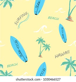 Hawaii Surfing Seamless Pattern, typography, vectors. Yellow background