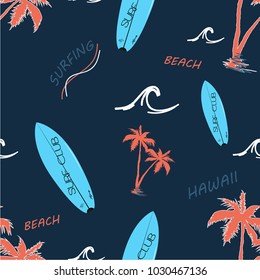 Hawaii Surfing Seamless Pattern, typography, vectors. Navy background