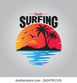 Hawaii Surfing Sunset Vector t-shirt Design Template