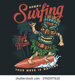Hawaii surfing vintage colorful badge with man in tiki mask riding wave and showing shaka gesture isolated vector illustration