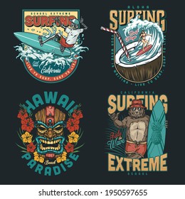 Hawaii surfing vintage colorful emblems with pretty girl riding wave in coconut with straw tiki mask funny bear and skeleton surfers isolated vector illustration