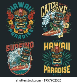 Hawaii surfing vintage colorful labels with exotic flowers palm leaves surfers in tiki masks riding ocean waves isolated vector illustration