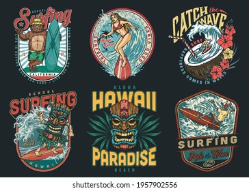 Hawaii surfing vintage colorful labels with funny bear with surfboard skeleton man in tiki mask and pretty woman surfers riding waves isolated vector illustration