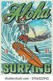 Hawaii surfing vintage colorful poster with skeleton holding glass of cocktail and riding ocean wave vector illustration